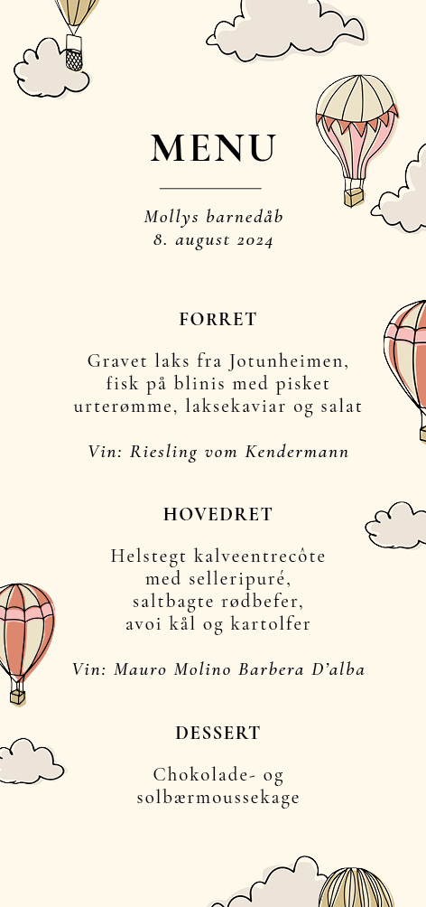 
                Skønt menukort med håndtegnede illustrationer af luftballoner i røde og gule nuancer. Til designet kommer også matchende elementer i form af velkomstskilt, salmehæfte, bordoversigt, invitation, bordkort, drinkskort, takkekort mm. således I kan skabe en rød tråd for dagen.                